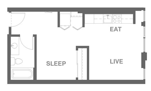 A floor plan of a small apartment with a sleeping area, a living area, and a kitchen.